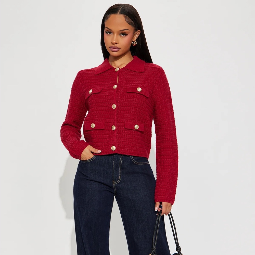 Red Button-Up Crochet Knit Cardigan